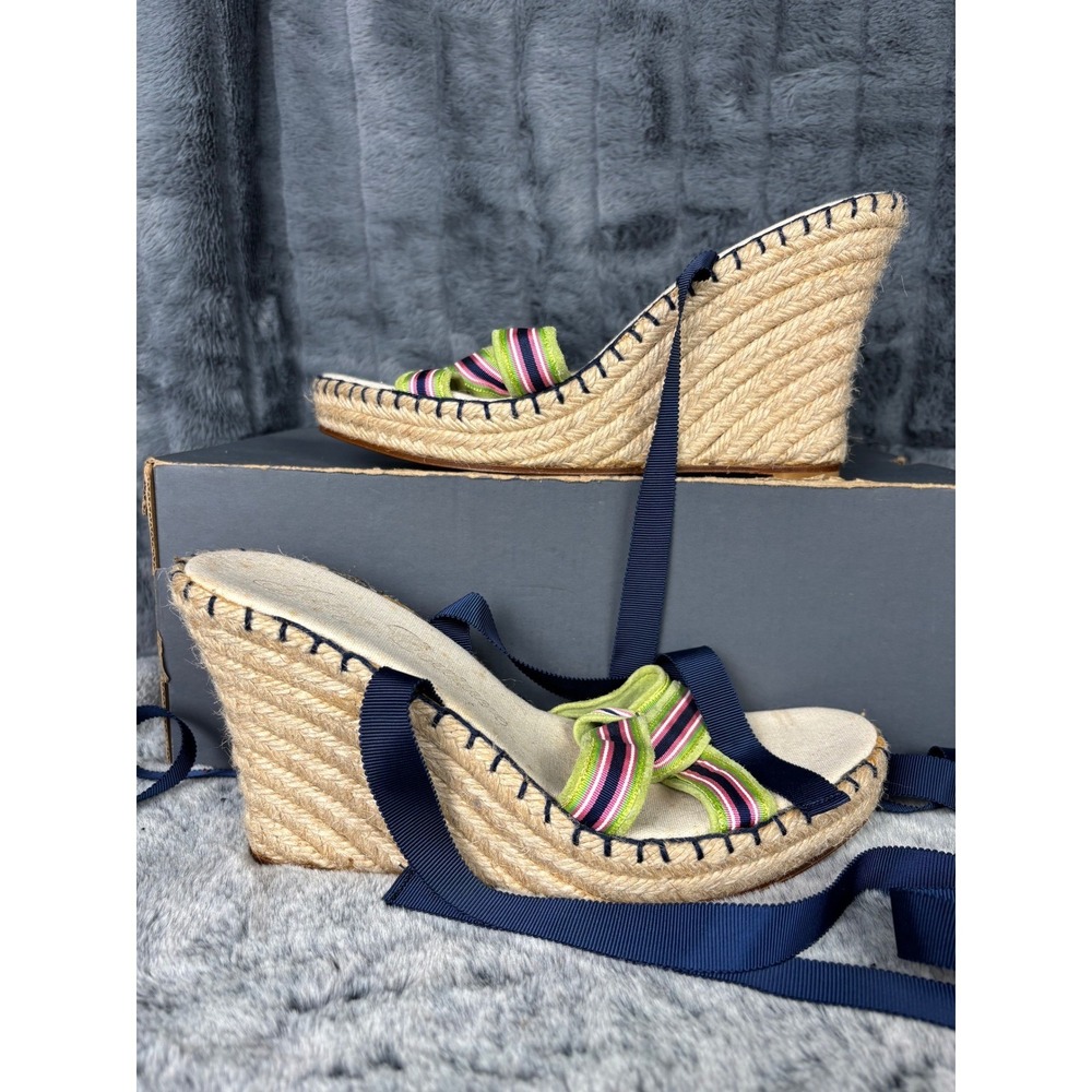 Juicy Couture Striped Espadrille Wedge Sandals Navy Ribbon Tie Spain Size 10